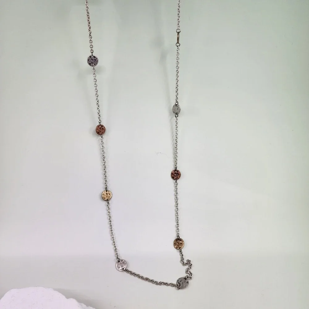 Mixed Metal Hammered Disc Station Long Chain Necklace Silver Copper & Gold Tone